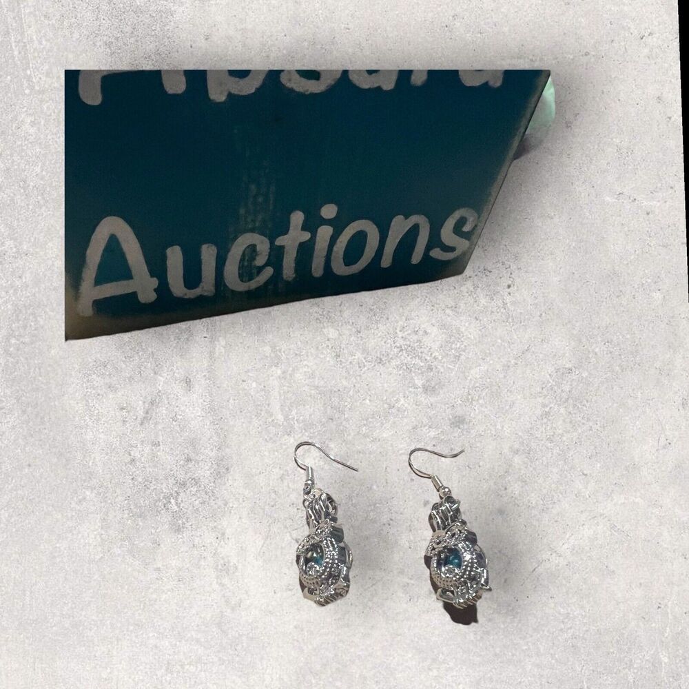 Silver Owl Shaped Cage Earrings with Teal Pearls